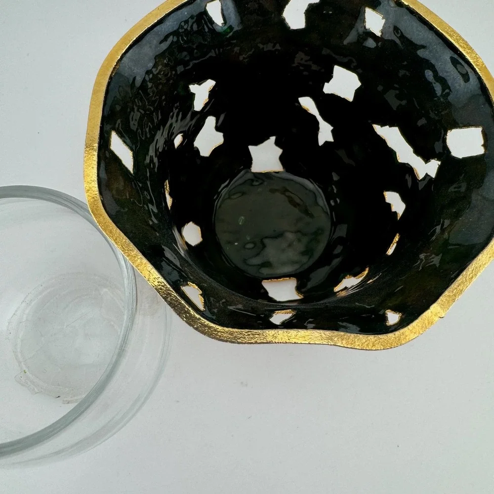 Cloisonne‎ Votive Candle Holder Small Gold Tone Floral Openwork